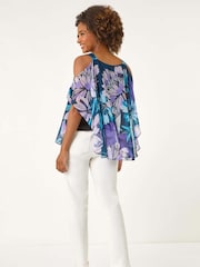 Roman Blue Floral Print Cold Shoulder Overlay Blouse - Image 3 of 5