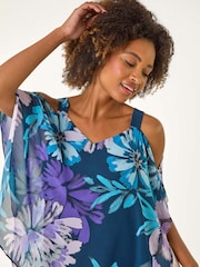 Roman Blue Floral Print Cold Shoulder Overlay Blouse - Image 4 of 5