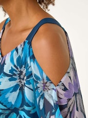 Roman Blue Floral Print Cold Shoulder Overlay Blouse - Image 5 of 5