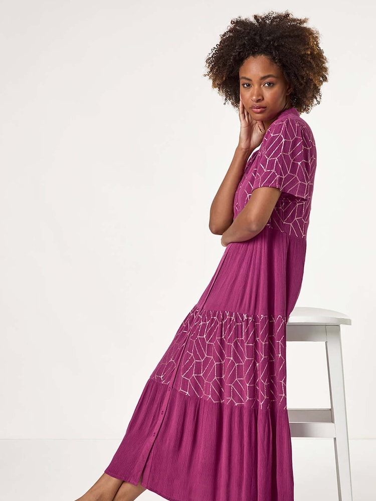 Roman Purple Foil Print V-Neck Button Midi Dress - Image 1 of 5