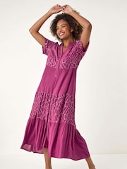 Roman Purple Foil Print V-Neck Button Midi Dress - Image 2 of 5