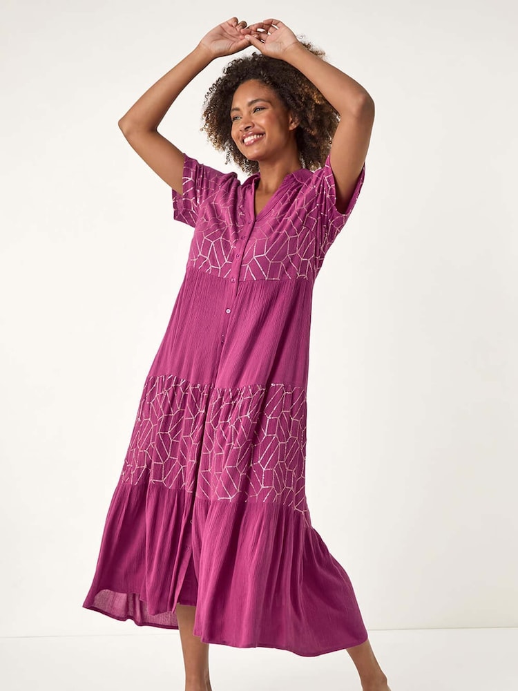 Roman Purple Foil Print V-Neck Button Midi Dress - Image 2 of 5