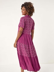 Roman Purple Foil Print V-Neck Button Midi Dress - Image 3 of 5