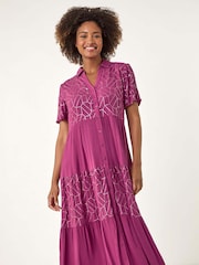 Roman Purple Foil Print V-Neck Button Midi Dress - Image 4 of 5