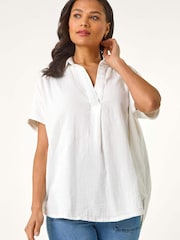 Roman White Collared V-Neck Pleated 100% Cotton Blouse - Image 1 of 5