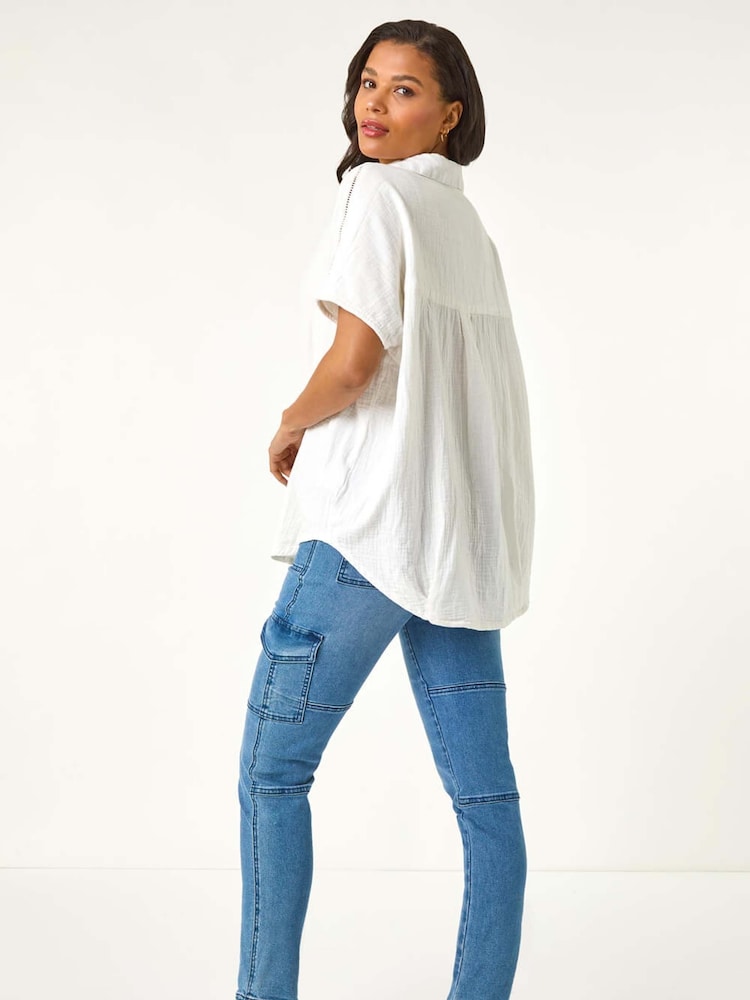 Roman White Collared V-Neck Pleated 100% Cotton Blouse - Image 2 of 5
