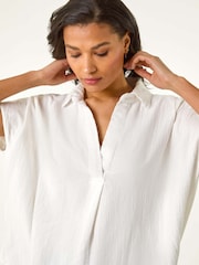 Roman White Collared V-Neck Pleated 100% Cotton Blouse - Image 3 of 5