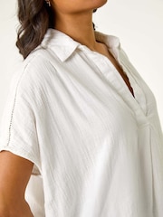 Roman White Collared V-Neck Pleated 100% Cotton Blouse - Image 4 of 5