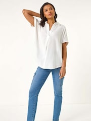 Roman White Collared V-Neck Pleated 100% Cotton Blouse - Image 5 of 5