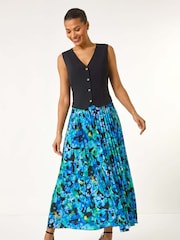 Roman Blue Abstract Print Pleated Skirt - Image 2 of 5