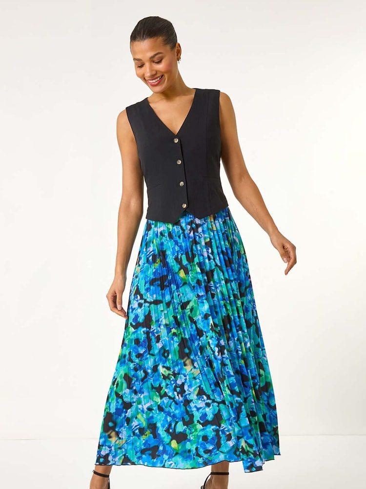 Roman Blue Abstract Print Pleated Skirt - Image 2 of 5
