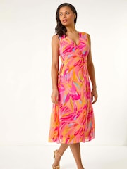 Roman Pink Floral Print Wrap Chiffon Midi Dress - Image 1 of 5