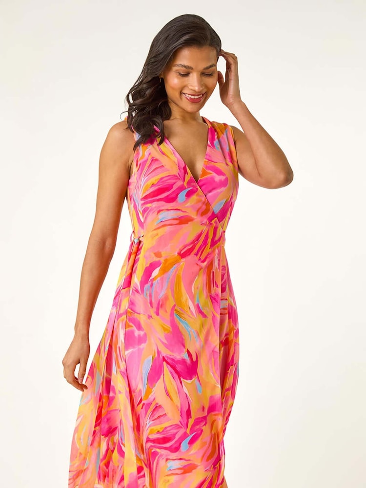 Roman Pink Floral Print Wrap Chiffon Midi Dress - Image 2 of 5
