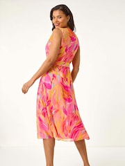 Roman Pink Floral Print Wrap Chiffon Midi Dress - Image 3 of 5