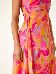 Roman Pink Floral Print Wrap Chiffon Midi Dress - Image 5 of 5