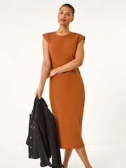 Roman Brown Ribbed Cap Sleeve Midi Dress - Image 2 of 5