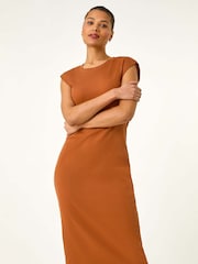 Roman Brown Ribbed Cap Sleeve Midi Dress - Image 4 of 5