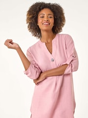 Roman Pink Longline V-Neck Button Tunic Top - Image 1 of 5