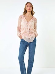 Roman Pink Floral Print Frill Detail Blouse - Image 2 of 5