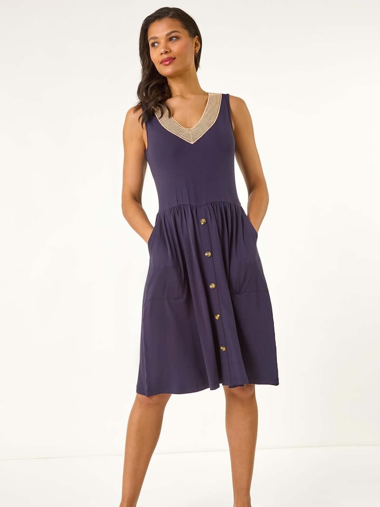 Roman Blue Contrast V-Neck Stretch Midi Dress - Image 1 of 5