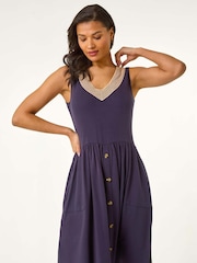 Roman Blue Contrast V-Neck Stretch Midi Dress - Image 2 of 5
