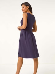 Roman Blue Contrast V-Neck Stretch Midi Dress - Image 3 of 5