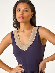 Roman Blue Contrast V-Neck Stretch Midi Dress - Image 4 of 5