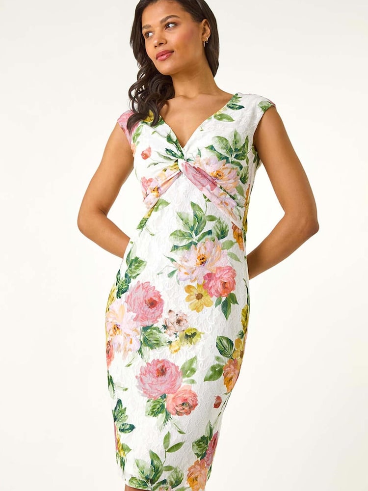 Roman Pink Rose Print Lace Knot Stretch Dress - Image 1 of 5