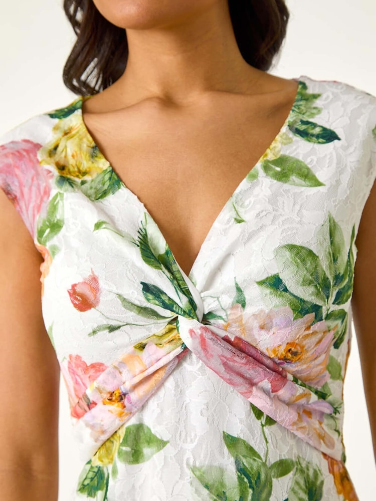 Roman Pink Rose Print Lace Knot Stretch Dress - Image 2 of 5
