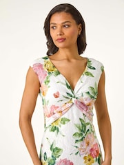 Roman Pink Rose Print Lace Knot Stretch Dress - Image 3 of 5