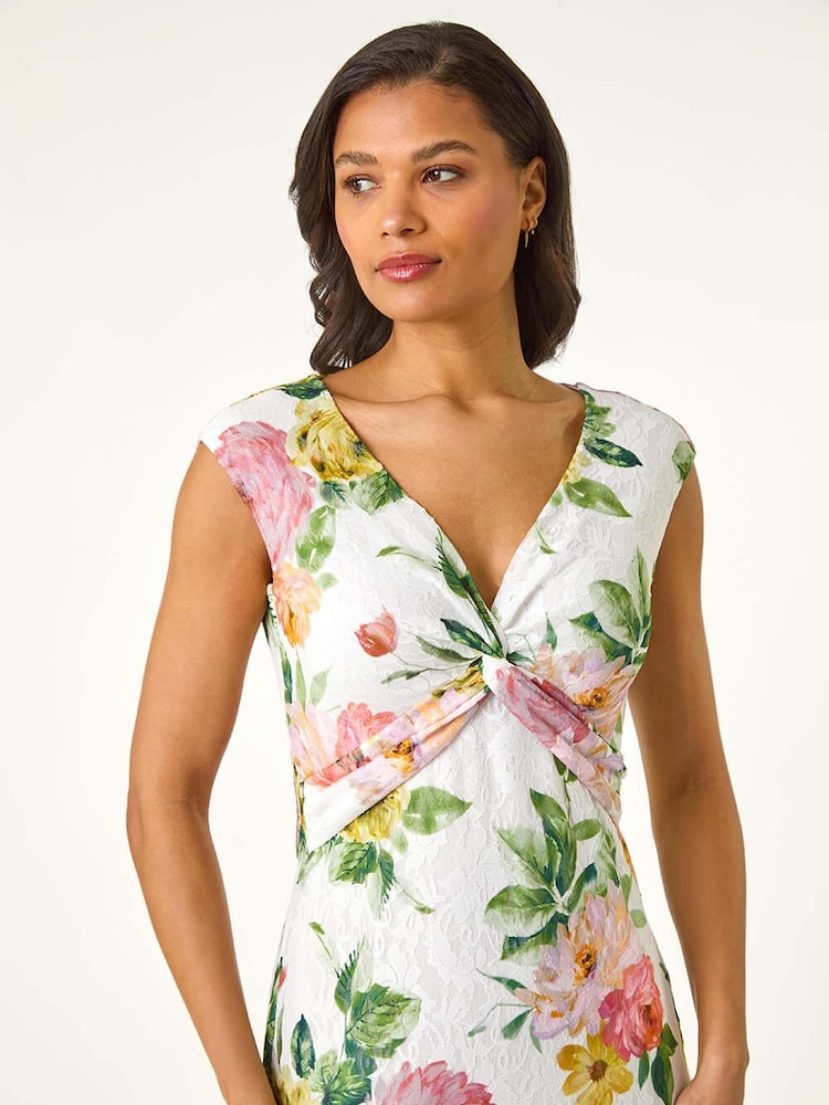Roman Pink Rose Print Lace Knot Stretch Dress - Image 2 of 5 Roman Pink Rose Print Lace Knot Stretch Dress - Image 2 of 5