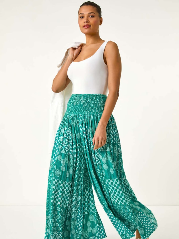 Roman Green Swirl Print Palazzo Wide Leg Trousers - Image 2 of 5