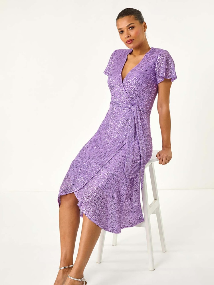 Roman Purple Sequin Wrap Front Midi Dress - Image 1 of 5