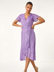 Roman Purple Sequin Wrap Front Midi Dress - Image 2 of 5