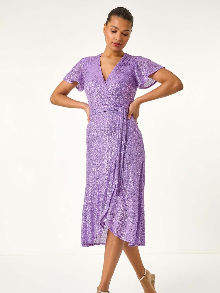 Roman Purple Sequin Wrap Front Midi Dress - Image 2 of 5
