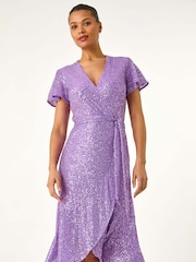 Roman Purple Sequin Wrap Front Midi Dress - Image 4 of 5