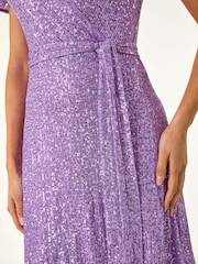 Roman Purple Sequin Wrap Front Midi Dress - Image 5 of 5