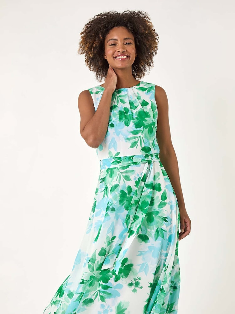 Roman Floral Pleated Neck Midi Dress - Imagen 1 de 5