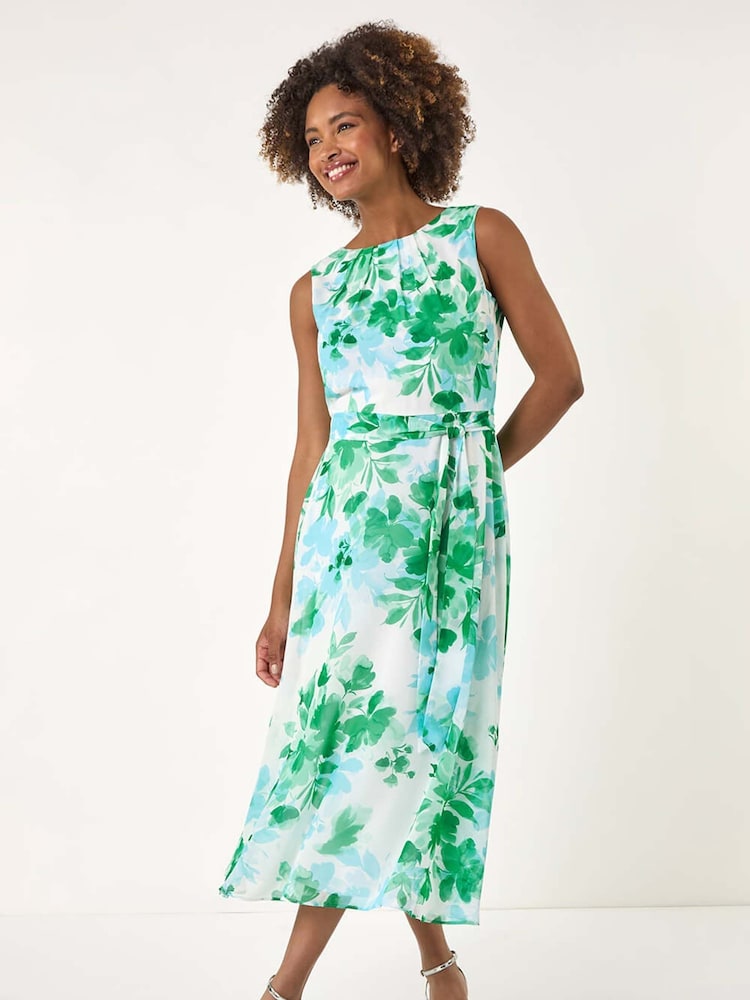 Roman Floral Pleated Neck Midi Dress - Imagen 2 de 5