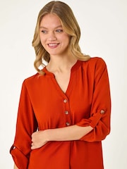 Roman Orange Longline Notch Neck Buttoned Blouse - Image 1 of 5