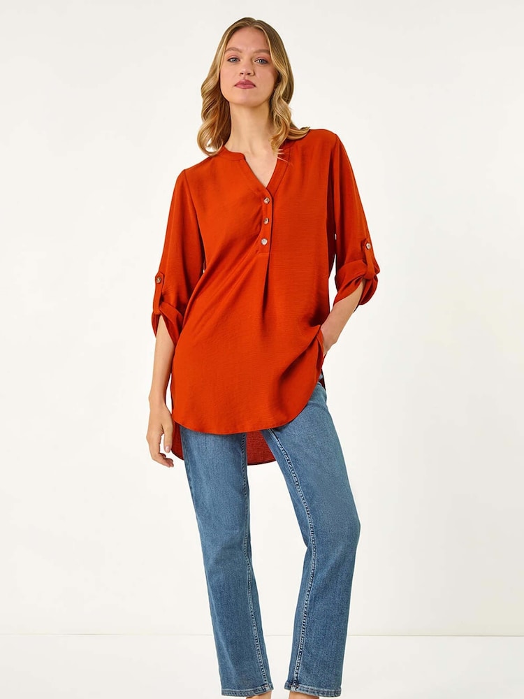 Roman Orange Longline Notch Neck Buttoned Blouse - Image 2 of 5