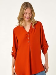 Roman Orange Longline Notch Neck Buttoned Blouse - Image 4 of 5