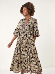 Roman Black Floral Print Border 100% Cotton Maxi Dress - Image 1 of 5