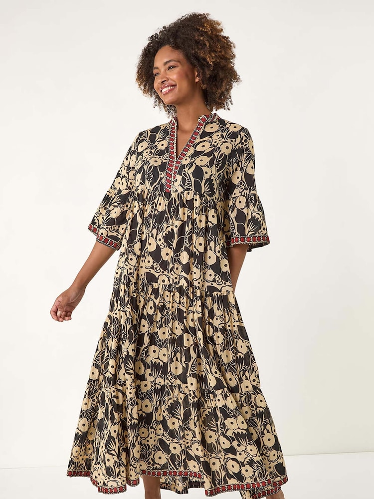 Roman Black Floral Print Border 100% Cotton Maxi Dress - Image 1 of 5