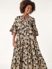 Roman Black Floral Print Border 100% Cotton Maxi Dress - Image 2 of 5