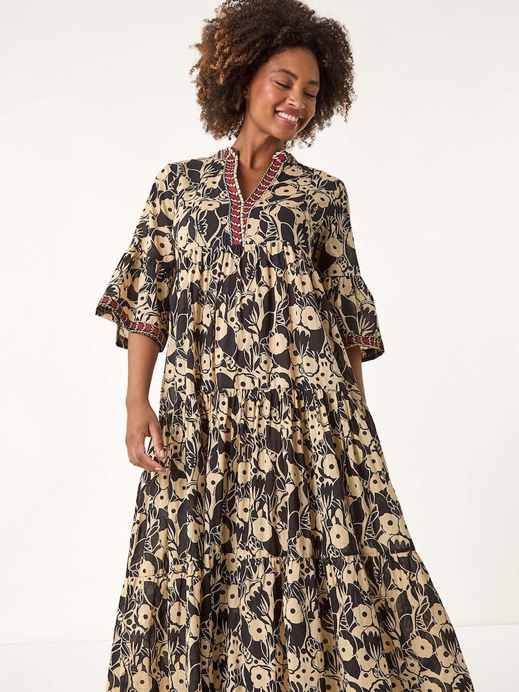 Roman Black Floral Print Border 100% Cotton Maxi Dress - Image 2 of 5