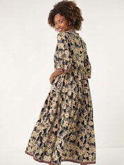 Roman Black Floral Print Border 100% Cotton Maxi Dress - Image 3 of 5