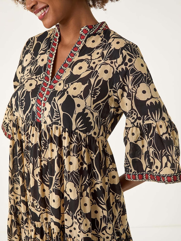 Roman Black Floral Print Border 100% Cotton Maxi Dress - Image 5 of 5