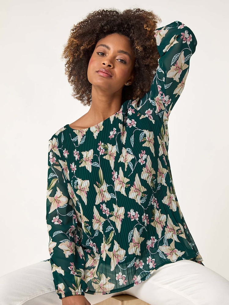 Roman Green Floral Print Pleated Top - Image 1 of 5