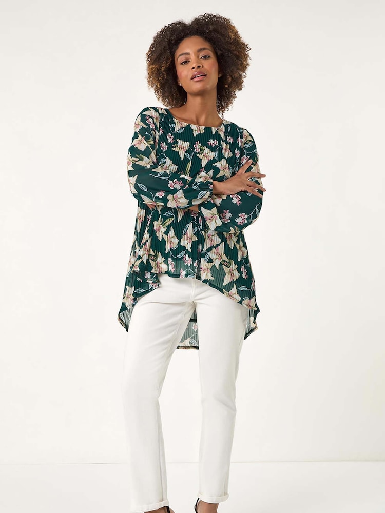 Roman Green Floral Print Pleated Top - Image 2 of 5